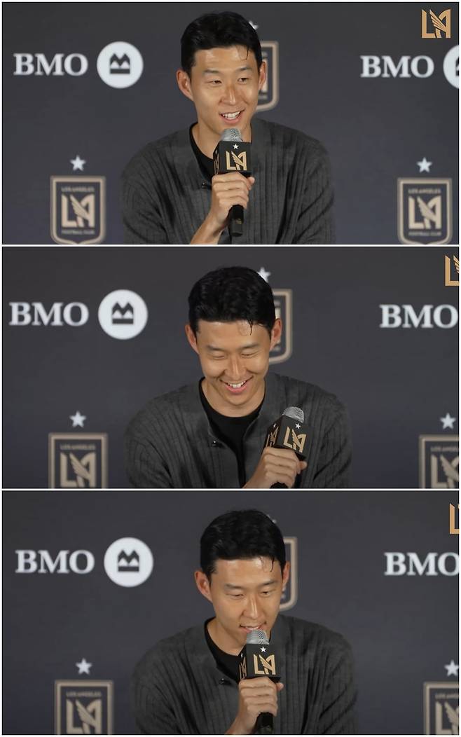 손흥민이 미국 프로축구 메이저리그사커(MLS) LAFC(로스앤젤레스FC)에서 새로운 도전에 나섰다. 6일(현지시간) LA BMO스타디움에서 기자회견에 나선 모습./사진=LAFC 기자회견 생중계 화면