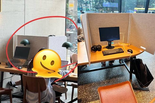 [서울=뉴시스] 서울 시내 한 스타벅스 매장에서 테이블에 가림막을 올리고 컴퓨터를 하는 모습.(사진=쓰레드 캡처) *재판매 및 DB 금지