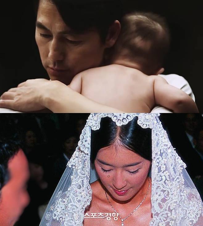 미혼모 캠페인에 등장한 배우 정우성(위)와 신랑과 결혼식을 진행하고 있는 방송인 홍진경. 마르끌레르 유튜브 영상 화면·경향신문 자료사진