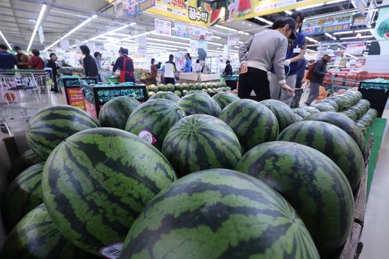 서울 서초구 하나로마트 양재점에 수박 등 과일이 진열돼 있다. [연합뉴스]