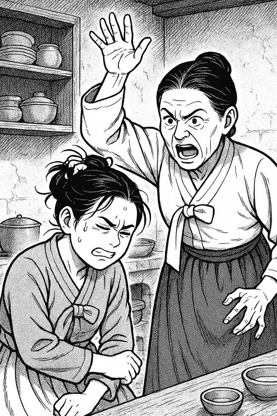 문정숙이 시어머니에게 혼나고 있는 모습. 챗GPT 생성 이미지