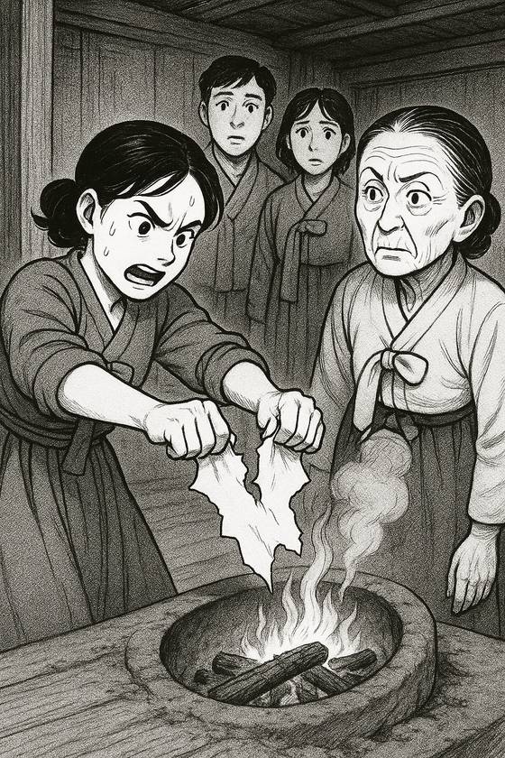 문정숙이 아궁이에 혼인신고서를 찢어 버리는 모습. 챗GPT 생성 이미지