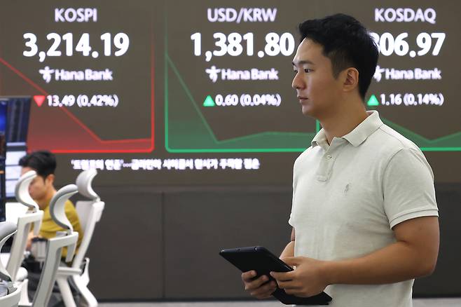 8일 서울 중구 하나은행 딜링룸에서 직원이 업무를 보고 있다. 이날 코스피는 전 거래일보다 7.10포인트(0.22%) 내린 3220.58에 코스닥 지수는 전 거래일(805.81)보다 0.62포인트(0.08%) 오른 806.43에 출발했다. [연합]