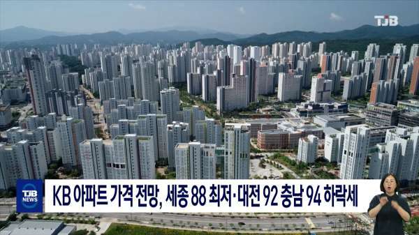 KB아파트 가격전망, 세종 88 최저·대전 92 충남 94 하락세