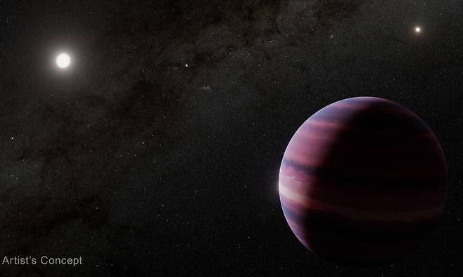 지구에서 4광년 조금 넘는 거리에 있는 ‘알파 센타우리’ 삼중성계의 알파 센타우리 A(왼쪽 위)와 거대 가스행성(오른쪽 아래)을 묘사한 그림. 나사 제트추진연구소 제공