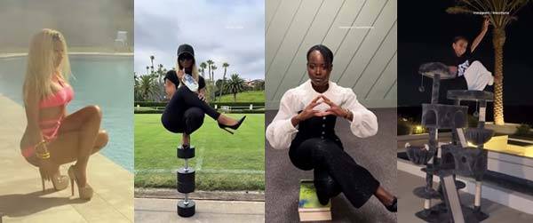 ‘스틸레토 챌린지’를 하고 있는 사람들. 첫 번째 사진은 이 챌린지의 시초가 된 가수 니키 미나즈(Nicki Minaj)의 2013년 뮤직비디오 장면이다.​​/사진=데일리메일 캡처