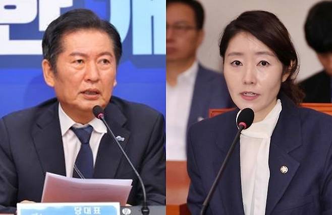 더불어민주당 정청래 당 대표(왼쪽)가 ‘보좌진 갑질 의혹’으로 여성가족부장관 후보자에서 낙마한 강선우 의원(오른쪽)을 당 국제위원장에 유임하겠다는 뜻을 밝혔다. [사진출처=연합뉴스/편집]