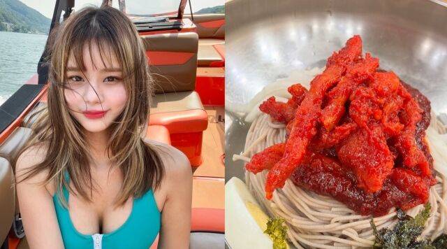가평에서 휴가를 즐기는 개그우먼 맹승지. 오른쪽은 비빔회냉면./맹승지 소셜미디어