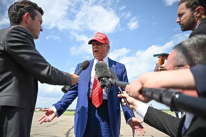 지난 6월 20일 미국 뉴저지주 모르리스타운 시 소재 모르리스타운 시 공항에서 도널드 트럼프 미국 대통령이 발언하고 있다.[AFP]