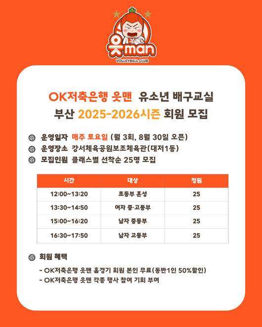 OK저축은행 읏맨 프로배구단이&nbsp;2025-2026시즌 부산 유소년 배구교실 회원을 모집한다고 밝혔다. / OK저축은행