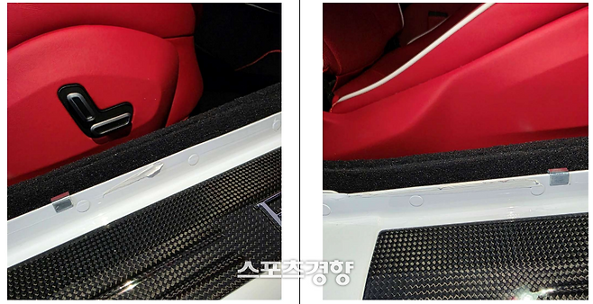 지난해 9월 국내 수입되어 A씨에게 판매된 ‘24년식 페라리 로마 스파이더(Ferrari Roma Spider)’ 몰딩을 벗겨내고 찍은 사진 촬영 측면부. 마킹 테이프가 일부 남아 있다.  사진 | 피해자 측 제보