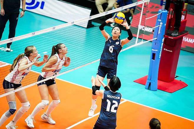 크로아티아와 경기에 나선 한국 U-21 여자배구 대표팀 선수들 [FIVB 홈피 캡처. 재판매 및 DB 금지]