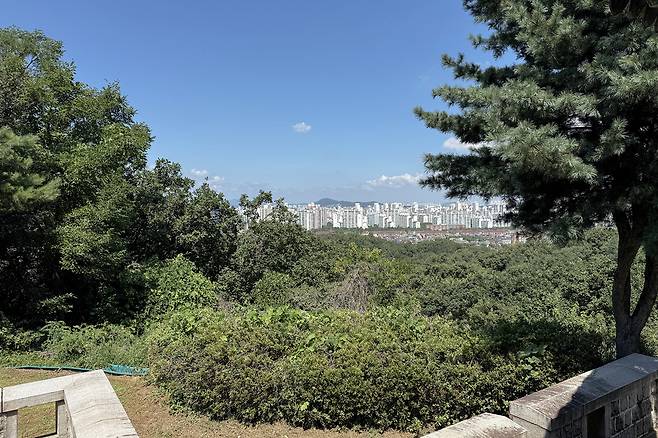 ▲ 고양시 일산동구 마두동 정발산 정상부에 자리한 평심루에서 바라본 경관 모습. 수목 생장으로 인해 시야가 가려지며 전망 기능이 약화된 모습이다.