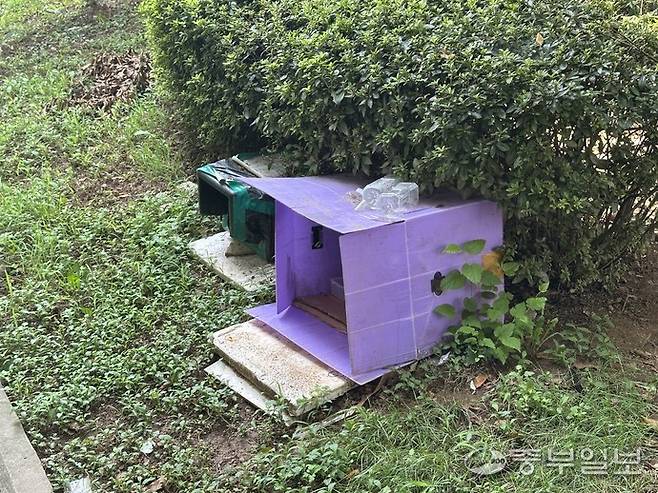 ▲ 인천 계양구 동양동에 소재한 인천동양근린공원에 마련된 사설 고양이 급식소. 사진=노선우 기자