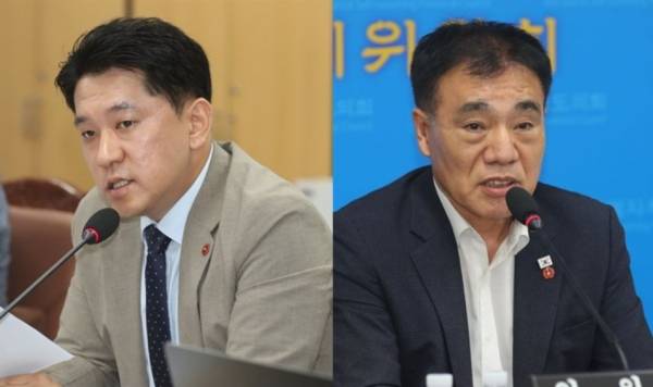 제주도의회 농수축경제위원회 소속 더불어민주당 한권 의원(일도1.이도1.건입동.왼쪽)과 양영식 위원장이 질의하는 모습.