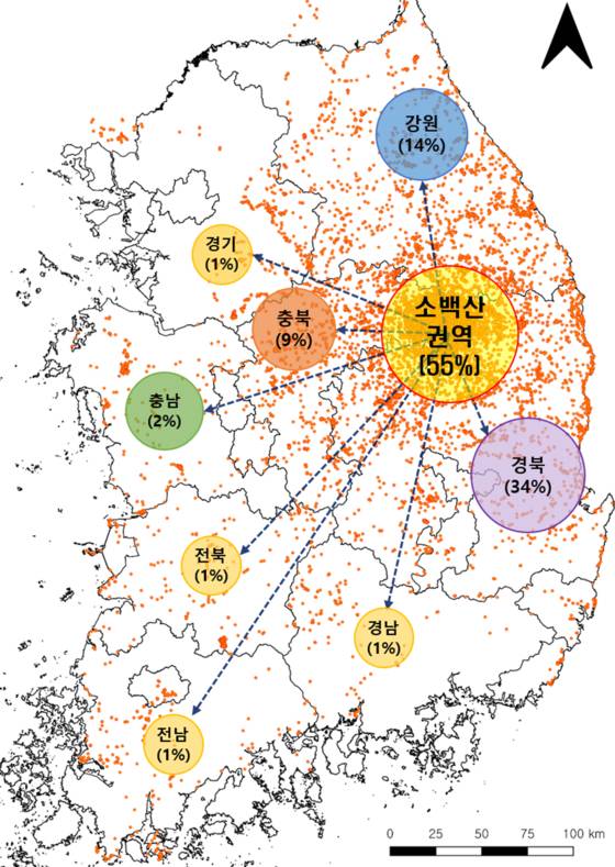국립공원공단이 방사한 붉은여우의 활동 좌표(점)와 지역별 활동 비율. 국립공원공단 제공