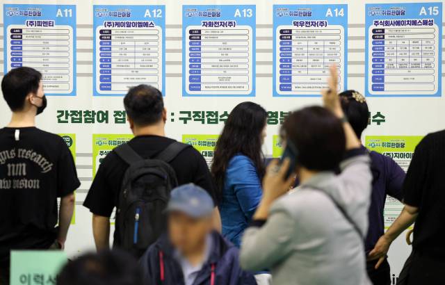 ▲한 취업박람회 행사에서 구직자들이 회사별 채용정보를 살펴보고 있다. ⓒ연합뉴스