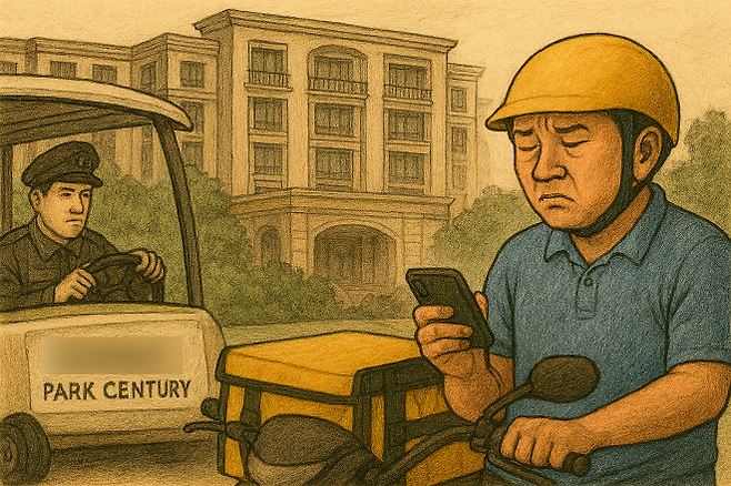 중국 상하이 푸동지구의 고급 아파트 ‘런헝공원세기’(仁恒公园世纪)에서 벌어진 배달 기사들의 집단 보이콧 사태를 묘사한 삽화. 단순한 불편을 넘어 사회적 계급과 노동 환경에 대한 문제의식을 불러일으키고 있다. 코파일럿