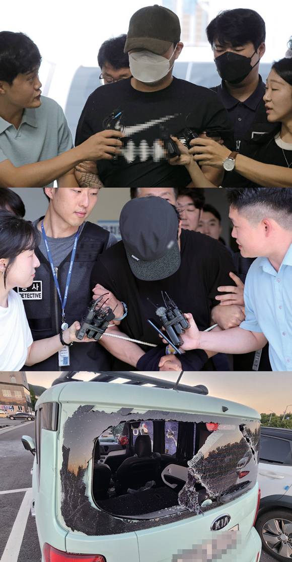 경찰에 체포된 대전 교제살인 사건의 20대 피의자와 울산 스토킹 살인미수 30대 피의자, 도주하던 울산 사건 피의자를 시민들이 제압하는 과정에서 차량 유리가 파손된 모습(위부터) ⓒ연합뉴스