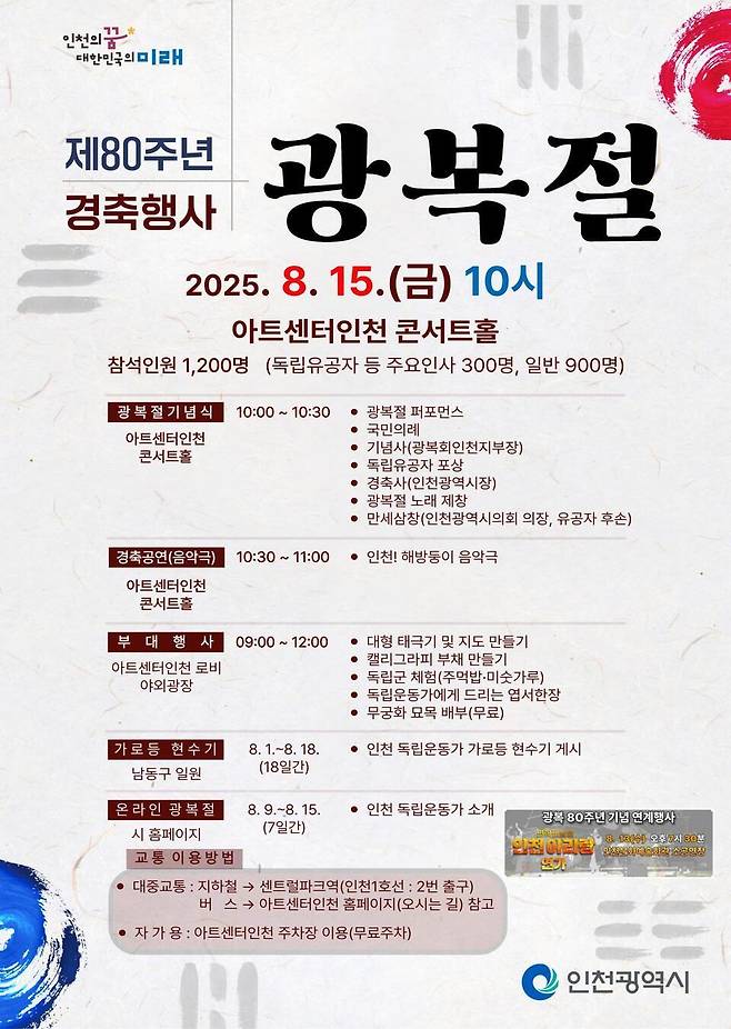 ▲ 제80주년 광복절 경축 행사 안내문. /제공=인천시