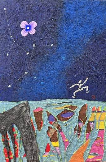 한국화가 윤정호 작가의 '꽃담–사랑가' 현대한국화 작품전이 오는 29일까지 천안 성정동 소재 백화랑에서 개최된다. 윤정호 작가의 '꽃담- 나는 반딧불' 줌치한지 콜라쥬, 자개, 채색. 2025.