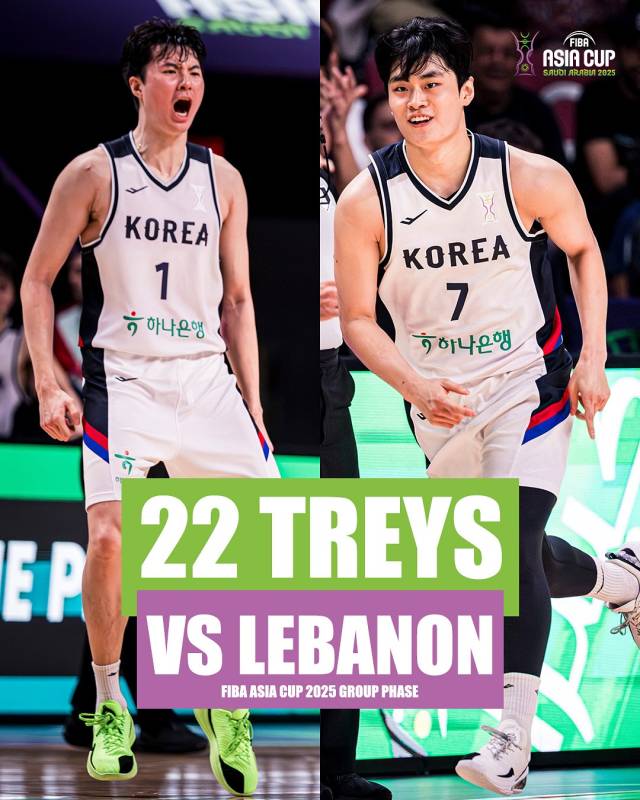 한국 남자 농구 대표팀의 이현중(왼쪽)과 유기상. 한국이 이들을 앞세워 11일 FIBA 아시아컵에서 레바논을 꺾은 걸 알리는 이미지. FIBA SNS 제공