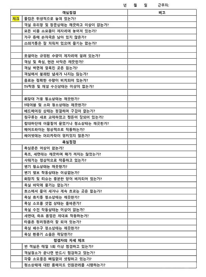 무등일보가 이번 '걸레 호텔' 논란을 빚은 여수의 한 호텔로부터 입수한 '객실점검 체크리스트' 일부.