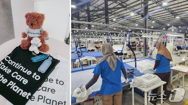 폐플라스틱으로 만든 원사로 티셔츠를 생산하는 모습(우)과 업사이틀링 된 티셔츠와 곰인형 완성품 모습 (글로벌세아그룹 제공)