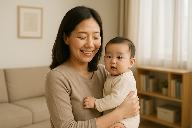 육아휴직을 하고 전업주부의 삶을 살면서 만족감을 드러낸 여성의 모습을 AI를 활용해 생성한 이미지. /사진=챗GPT
