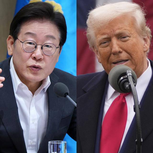 이재명(왼쪽) 대통령과 도널드 트럼프 미 대통령이 이달 25일쯤 미국 워싱턴에서 한미 정상회담을 갖는다. 양국 이번 회담에서 주한미군 역할 재조정 문제를 포함한 동맹 현대화에 대해 논의할 전망이다. 워싱턴=AP 뉴시스