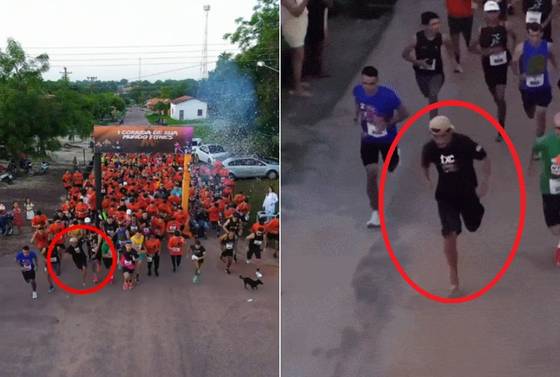 브라질 파라주에서 우연히 마라톤 경기에 참가한 이사크 피뉴(빨간색 원)가 슬리퍼만 신은 채 달리고 있다. 사진 인스타그램 캡처