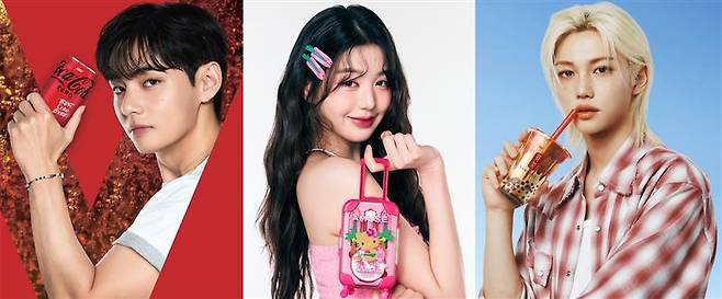 From left: BTS's V as the brand ambassador of Coca-Cola, IVE's Jang Won-young as the brand ambassador for Amuse, Stray Kids' Felix as the brand ambassador of Gong Cha [EACH COMPANY]