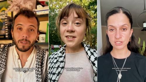 구호선박 출항 예고하는 툰베리(가운데) [연합뉴스 제공]