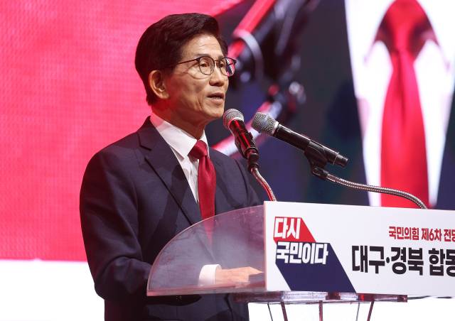 ▲국민의힘 김문수 당대표 후보가 8일 대구 북구 엑스코에서 열린 국민의힘 제6차 전당대회 대구·경북 합동연설회에서 정견 발표를 하고 있다. ⓒ연합뉴스
