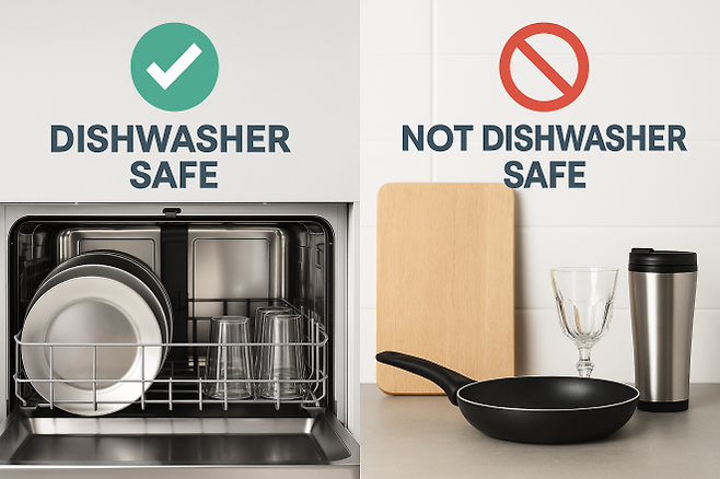 주방용품을 나란히 비교한 이미지. 왼쪽은 세척기 사용이 가능한 제품, 오른쪽은 손세척이 권장되는 제품을 보여준다.