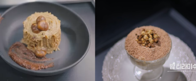 텐센트비디오 예능 ‘이팡펀선’에 등장한 프랑스식 밤나무 통나무 케이크(왼쪽)와 넷플릭스 ‘흑백요리사: 요리 계급 전쟁’에서 나폴리 맛피아 권성준 셰프가 만든 ‘밤 티라미수’(오른쪽). /텐센트 ‘이팡펀선’ 화면 캡처·넷플릭스 유튜브 갈무리