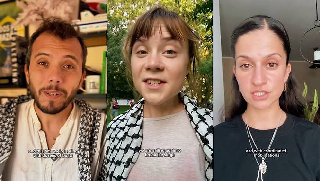 구호선박 출항 예고하는 툰베리(가운데) [인스타그램 @gretathunberg 캡처. 재판매 및 DB 금지]