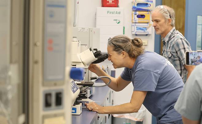 ▲ 미국 하와이 호놀룰루 환경 해양 과학 연구소(environmental marine sciences building)에서 제니퍼 린치 박사가 쓰레기 시료를 분석 하고 있다. /이재민 기자 leejm@incheonilbo.com