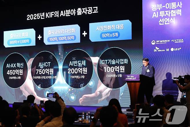 박진현 한국통신사업자연합회 사무국장이 12일 오후 서울 중구 웨스틴조선호텔에서 열린 'AI 투자 활성화를 위한 정부·이통사 AI 투자협력 선언식'에서 투자계획을 발표하고 있다. 2025.8.12/뉴스1 ⓒ News1 민경석 기자