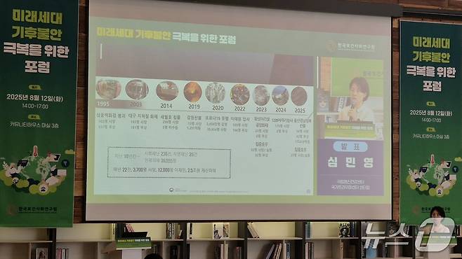 12일 한국보건사회연구원이 주최한 '미래세대 기후불안 극복을 위한 포럼'에서 심민영 국가트라우마센터장이 발표하고 있다. 2025.8.12/뉴스1 ⓒ News1