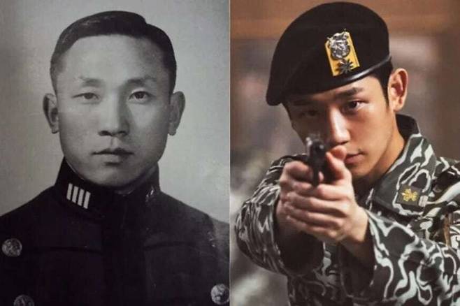 고 김오랑(왼쪽) 중령과 영화 ‘서울의 봄’에서 오진호 소령을 연기한 배우 정해인(오른쪽). 오진호 소령의 실제 모델이 김오랑 중령이다. 한겨레 자료사진, 플러스엠 엔터테인먼트 제공