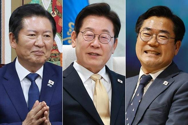 정청래 더불어민주당 대표, 이재명 대통령, 박찬대 민주당 의원. 연합뉴스