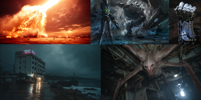 사진설명: 김한민 감독의 차기작 컨셉아트. 상단 왼쪽부터 ‘칼’, ‘에덴’, ‘철권’ AI 영화 속 장면 중, 하단 왼쪽부터 ‘헬로우 모텔’, ‘절체절명의 남자’. 스톤브이스튜디오 제공