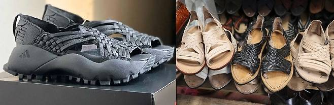 글로벌 스포츠의류 브랜드 아디다스가 지난 8일 출시한 오악사카 슬립온(왼쪽 사진). 지난 8일(현지시간) 멕시코 오악사카주의 한 시장에서 원주민 전통 신발인 우아라체 샌들이 판매되고 있다. 엑스 갈무리·AP연합뉴스 (오른쪽 아래 사진 확대보기)