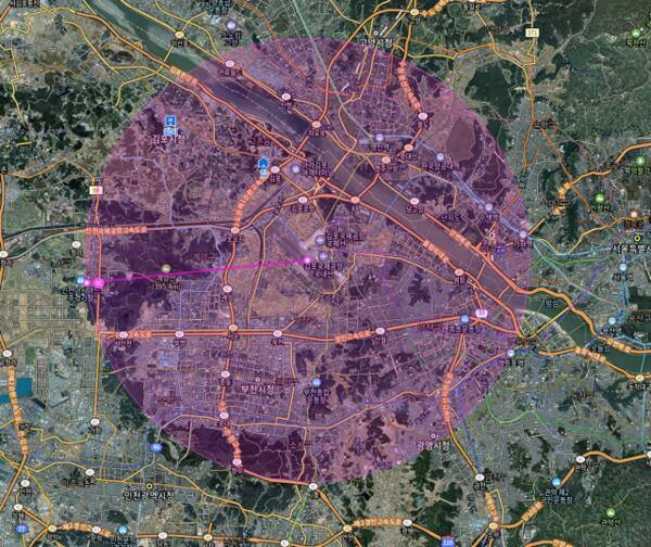 김포공항 활주로 반경 11km 현황도. 김포시청을 넘어 걸포북변역까지 포함된다. 독자 제공