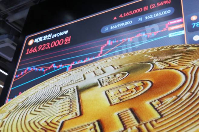 11일 서울 서초구 빗썸 라운지 강남본점 전광판에 비트코인 시황이 나타나고 있다. /사진=뉴스1