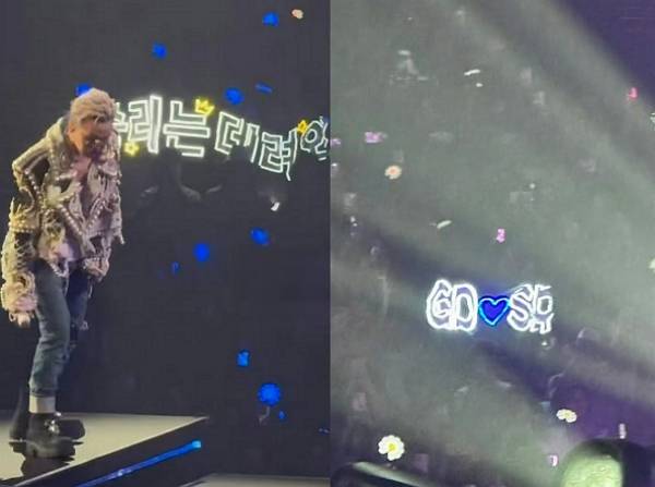 빅뱅 지드래곤 홍콩 콘서트에서 등장한 팬의 LED 플래카드가 눈길을 끌었다. 사진은 지드래곤이 홍콩에서 열린 콘서트에서 열창 중인 모습과 팬들이 든 LED 플래카드 모습. /사진=온라인커뮤니티