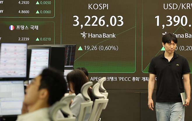 12일 서울 중구 하나은행 딜링룸 스크린에 코스피와 환율이 표시돼 있다. 이날 코스피 지수는 전장보다 2.98포인트(0.09%) 오른 3209.75로 출발했다. [연합]