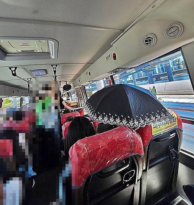 11일 자동차 커뮤니티 보배드림에는 부산의 한 시내버스 안에서 양산을 쓴 아주머니를 포착했다는 글과 사진이 게시됐다. 2025.8.11 온라인 커뮤니티