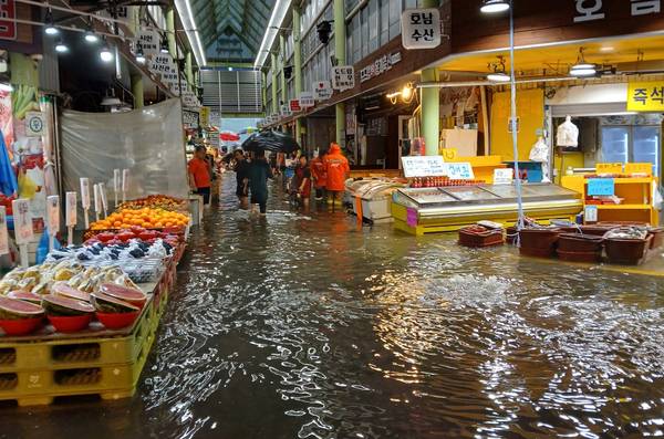 폭우가 내린 13일 인천시 서구 정서진 중앙시장이 물에 잠겨 있다. 2025.8.13 /인천소방본부 제공